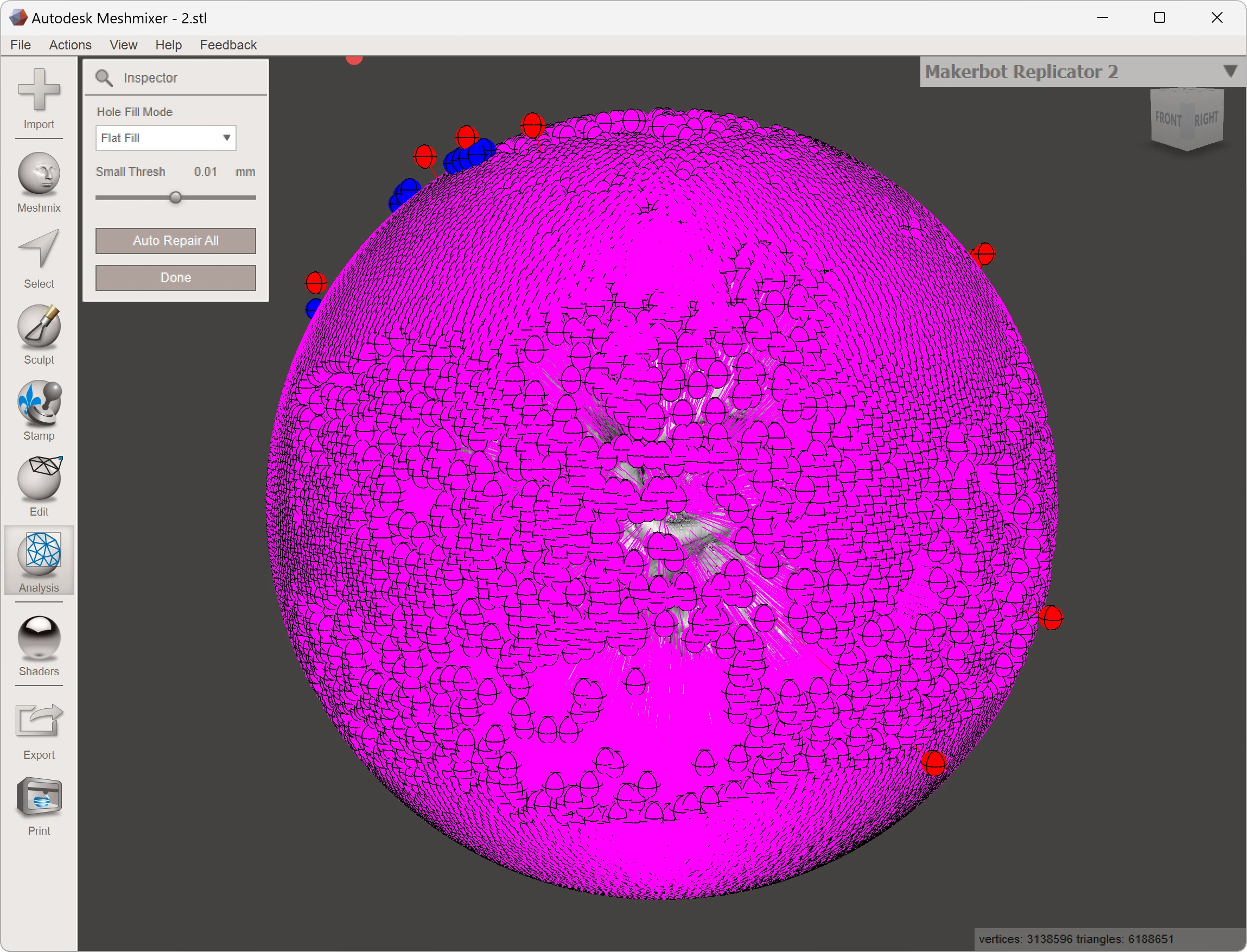 Raw STL file showing defects in Meshmixer